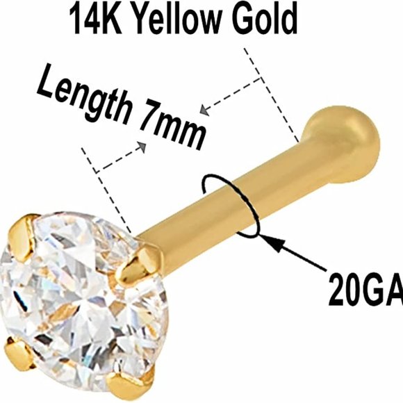LAB Grown Diamond 2.00mm 14K solid Gold Nose Stud, Bone Ball End Nose Stud 20GA - Picture 2 of 7